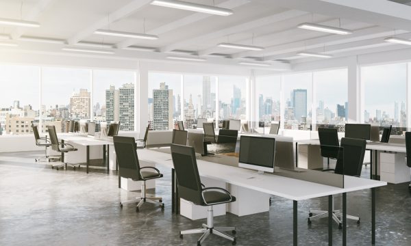 Modern,Open,Space,Office,With,City,View,3d,Render